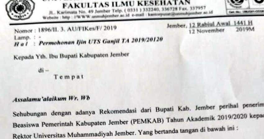 Surat Rekomendasi dari Dekan Fakultas Ilmu Kesehatan Unmuh Jember. (ist)