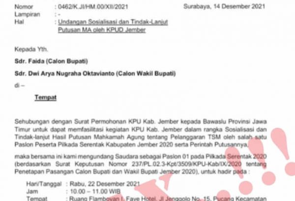 Surat Berkop Bawaslu Jatim Soal Tindak Lanjut Putusan MA oleh KPUD Jember, Ini Faktanya